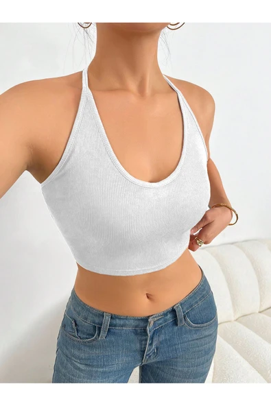 U Yaka Boyun Askılı Beyaz Renk Fitilli Crop Top Büstiyer