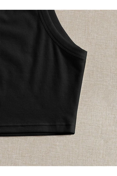 Düz Yaka Askılı Siyah Renk Fitilli Crop Top Büstiyer - 4