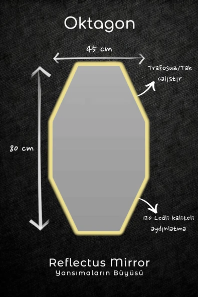 Reflectus Oktagon Günışığı Led Ayna 80x45 cm Dekoratif Banyo Led Aydınlatmalı Ayna