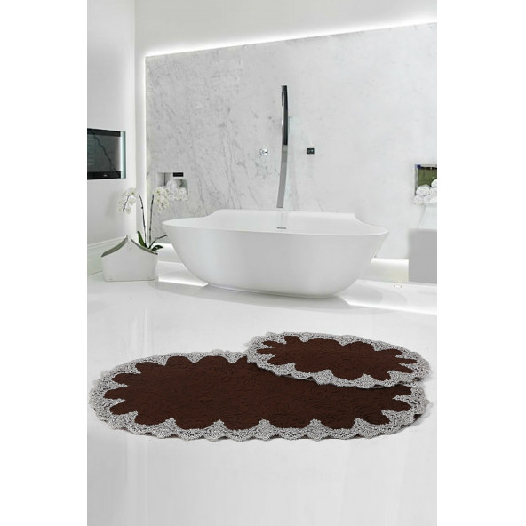 Bonny Home Peluş Lux Oval Acı Kahve 2li Dantelli Klozet Takımı Çeyizlik Banyo Halısı Paspası Seti