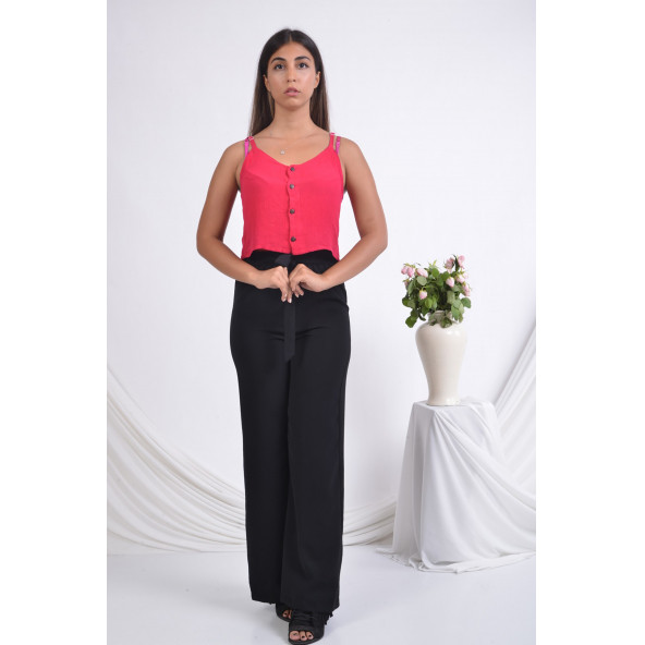 BAYAN BELİ LASTİKLİ BOL PAÇA YAZLIK PANTOLON SORALLİNE 1697 SİYAH