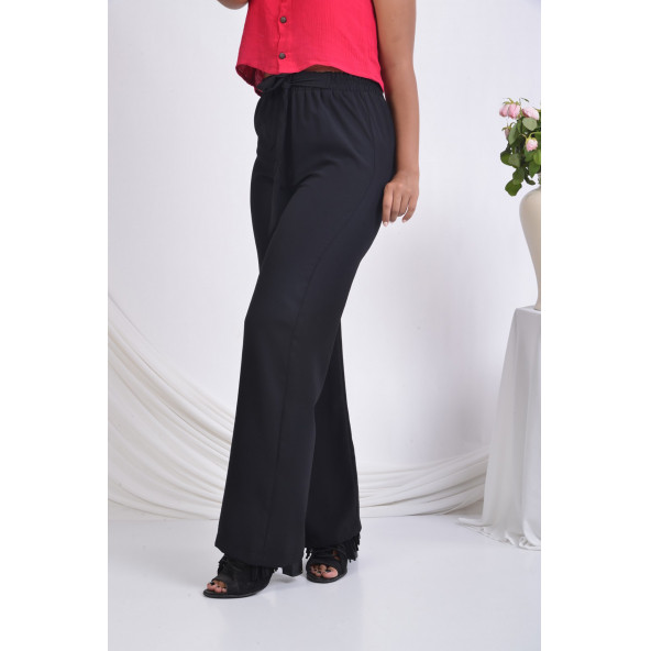 BAYAN BELİ LASTİKLİ BOL PAÇA YAZLIK PANTOLON SORALLİNE 1697 SİYAH - 2