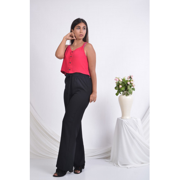 BAYAN BELİ LASTİKLİ BOL PAÇA YAZLIK PANTOLON SORALLİNE 1697 SİYAH - 3