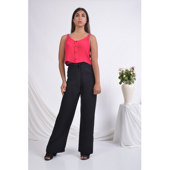 BAYAN BELİ LASTİKLİ BOL PAÇA YAZLIK PANTOLON SORALLİNE 1697 SİYAH - 4