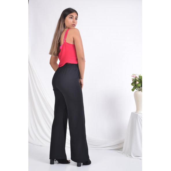 BAYAN BELİ LASTİKLİ BOL PAÇA YAZLIK PANTOLON SORALLİNE 1697 SİYAH - 5