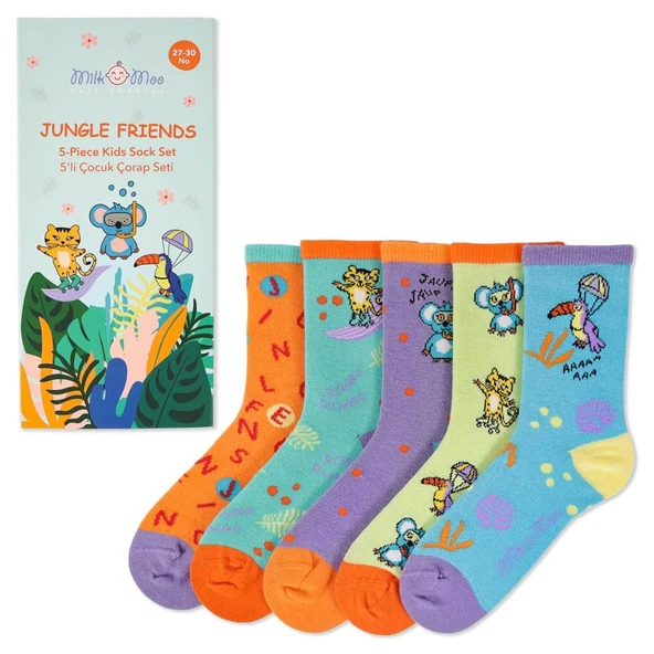 Milk&Moo Jungle Friends Çocuk Çorap Seti 5'li, Beden 27-30, Yumuşak ve Dayanıklı Kumaş