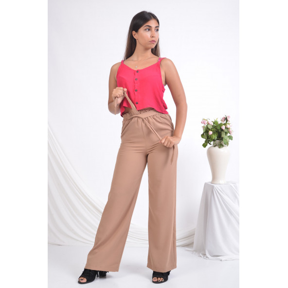BAYAN BELİ LASTİLİ BOL PAÇA YAZLIK PANTOLON SORALLİNE 1697 NOHUT RENGİ