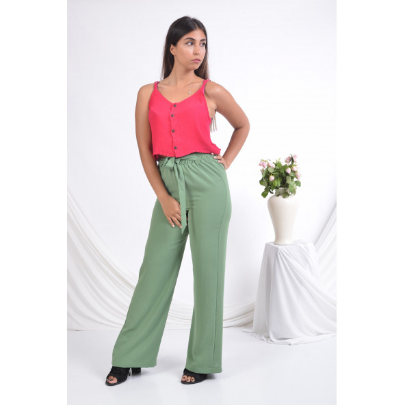 BAYAN BELİ LASTİKLİ BOL PAÇA YAZLIK PANTOLON 1697 ÇAĞLA YEŞİLİ