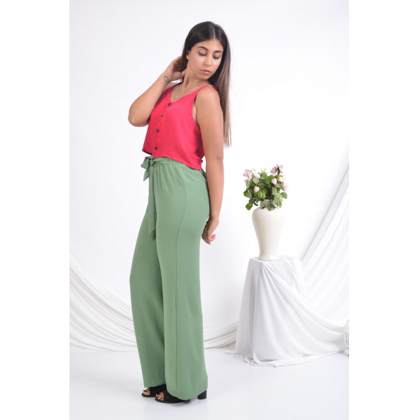 BAYAN BELİ LASTİKLİ BOL PAÇA YAZLIK PANTOLON 1697 ÇAĞLA YEŞİLİ - 2