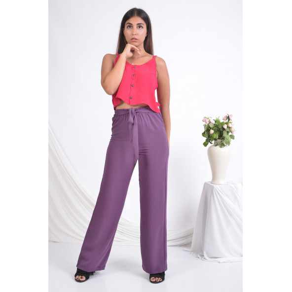 BAYAN BELİ LASTİKLİ BOL PAÇA YAZLIK PANTOLON SORALLİNE1697 MOR