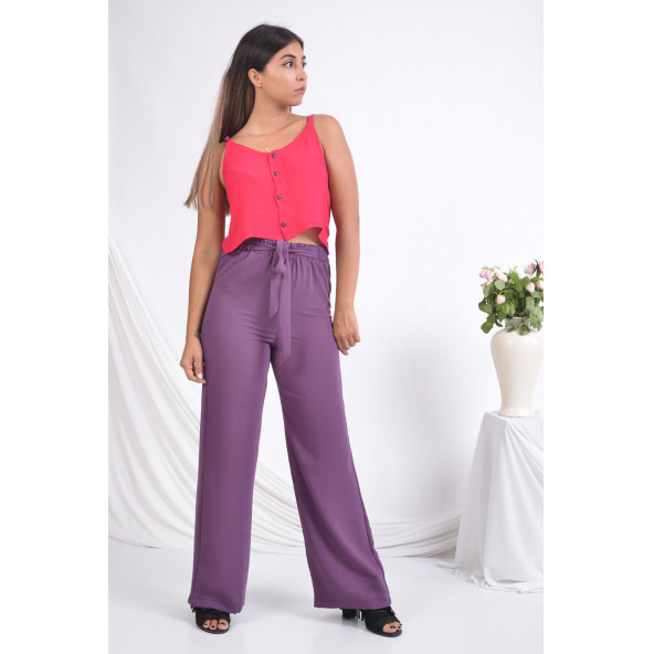 BAYAN BELİ LASTİKLİ BOL PAÇA YAZLIK PANTOLON SORALLİNE1697 MOR - 2