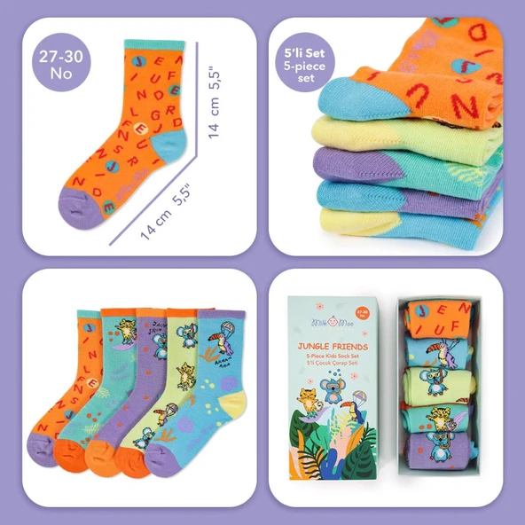 Milk&Moo Jungle Friends Çocuk Çorap Seti 5'li, Beden 27-30, Yumuşak ve Dayanıklı Kumaş - 3