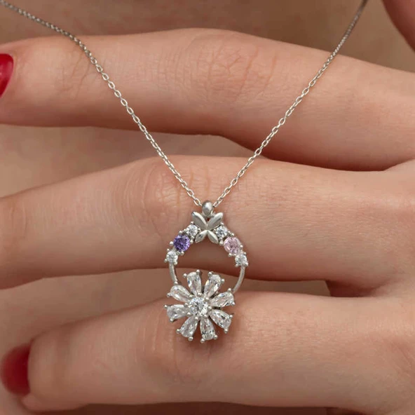 Gümüş Beyaz Dönen Çiçek Kadın Kolye ürün görseli