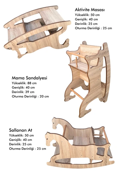 Reyo 3in1 Montessori Sallanan At, Mama Sandalyesi, MDF Çocuk Aktivite Masası - 3