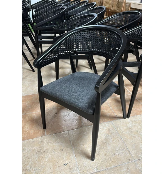 Reyo Gazel Hasırlı Ahşap Sandalye, Mutfak Sandalyesi Salon Sandalyesi Siyah Hazeran