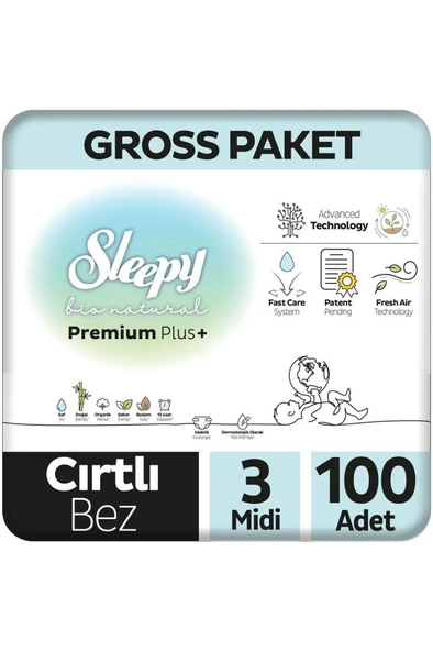 Nessiworld Sleepy Bio Natural Bebek Bezi Gross Paket 3 Beden 4-9 Kg 100 Adet