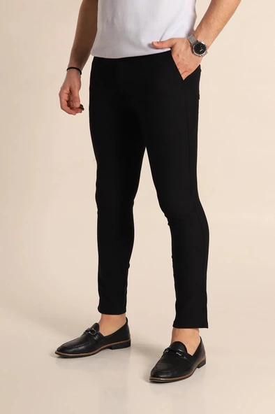 Erkek Siyah Renk Düz Kesim Kaliteli Esnek Likralı Bilek Boy Kumaş Pantolon-7104 - 2