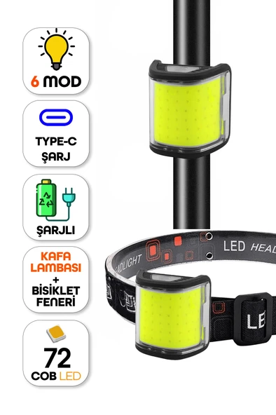 2 si 1 Arada 72LED Şarjlı Bisiklet Feneri Çakarlı Kafa Lambası Çift Özellikli Güçlü Işık 6 Mod 6053