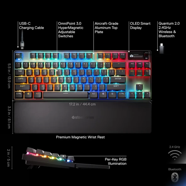 SteelSeries Apex Pro TKL Wireless Gen 3 OmniPoint 3.0 HiperManyetik Switch RGB Mekanik Kablosuz Oyuncu Klavyesi (UK) - 3