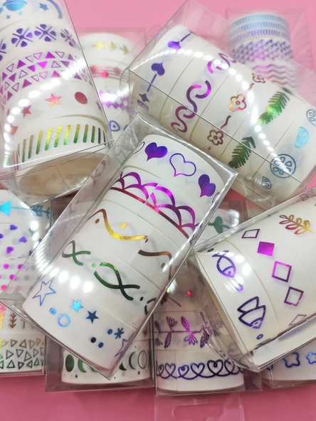 Renkli Yaldızlı Vintage Washi Tape Bant Yapışkanlı Maskeleme Kağıdı 5 lı - Kurdele - 3