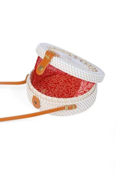 Daisy- Rattan El Yapımı Deri Askılı Hasır Yuvarlak Omuz Çantası Ekru Krem - 4