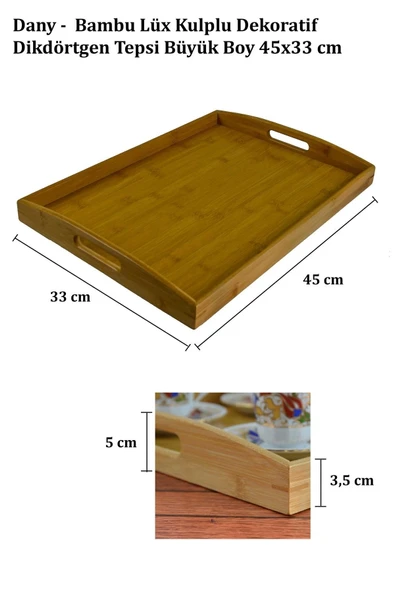 Dany - Bambu Lüx Kulplu Dekoratif Dikdörtgen Tepsi Büyük Boy 45x33 cm - 5
