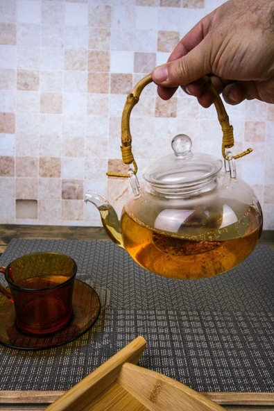 Colletta - Bambu Saplı Cam Süzgeçli Cam Bitki Çayı Demliği 1000 Ml - 2