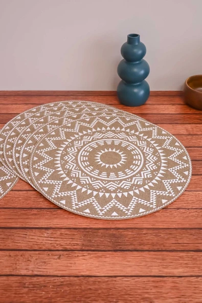 Ethnic - 6 Adet Jüt El Baskılı Yuvarlak Sofra Sunum Tabak Altlığı Supla Amerikan Servisi 38 Cm - 4