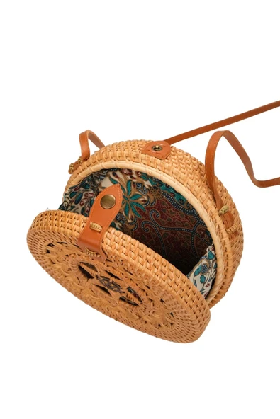 Denisa - Rattan El Yapımı Deri Askı Detaylı Hasır Yuvarlak Omuz Çantası - 7