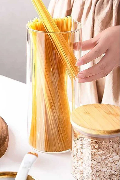 Donna - 3 Adet Bambu Vakum Kapaklı Borosilikat Cam Saklama Kabı 21 x 8,5 cm, Baharatlık 1.000 ml - 3
