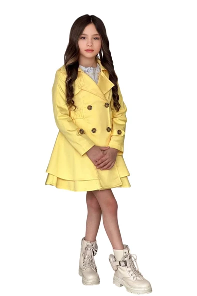 Kız Çocuk Çiçek Desenli Piliseli Limon Sarısı Trençkotlu Elbise - Resim 5
