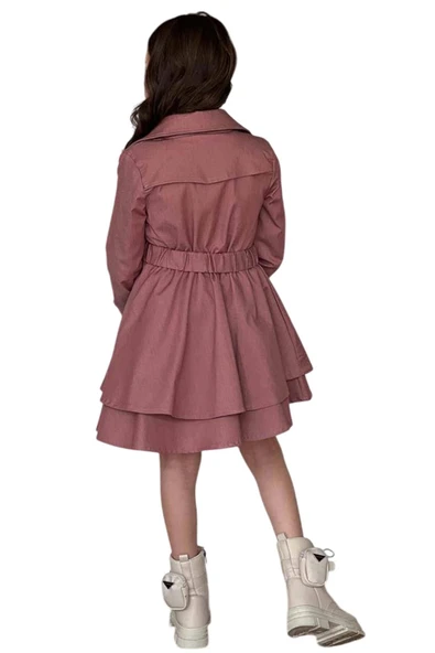 Kız Çocuk Çiçek Desenli Piliseli Gül Kurusu Trençkotlu Elbise - Resim 7