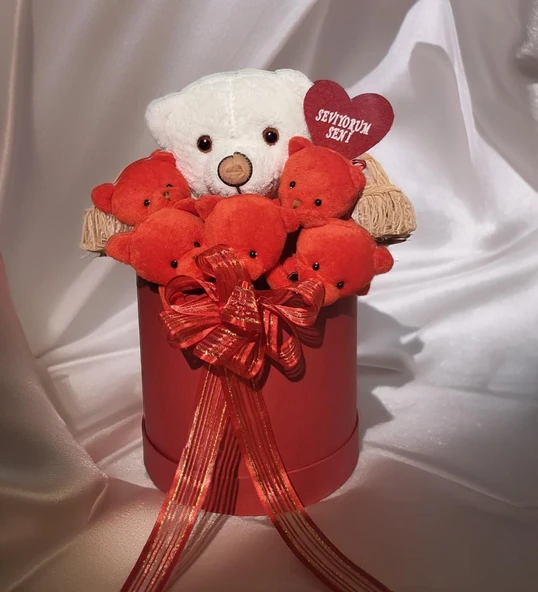 Premium Özel Hediye Kutuda  Beyaz Ayıcık ve  Kırmızı Peluş Ayıcık Buketi, Sevgiliye, Doğum Gününe Hediye - 7