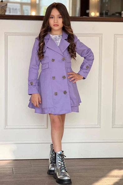 Kız Çocuk Çiçek Desenli Piliseli Lila Trençkotlu Elbise ürün görseli