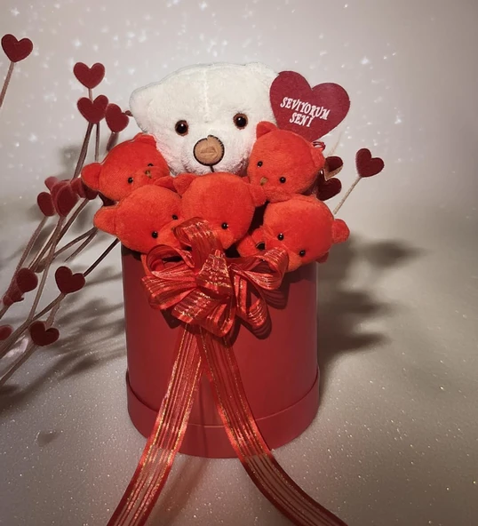 Premium Özel Hediye Kutuda  Beyaz Ayıcık ve  Kırmızı Peluş Ayıcık Buketi, Sevgiliye, Doğum Gününe Hediye - 2