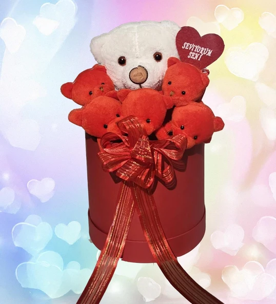 Premium Özel Hediye Kutuda  Beyaz Ayıcık ve  Kırmızı Peluş Ayıcık Buketi, Sevgiliye, Doğum Gününe Hediye - 6