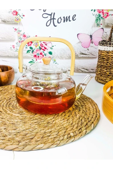 Anais Bambu Saplı Cam Süzgeçli Cam Bitki Çayı Demliği 1100 Ml