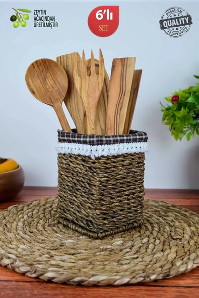 Fiorella - 6 Parça Zeytin Ağacı El Yapımı Mutfak Seti, Kaşıklık, Tahta Kaşık, Çatal, Spatula, Maşa