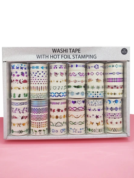 Renkli Yaldızlı Vintage Washi Tape Bant Yapışkanlı Maskeleme Kağıdı 5 lı - Portakal - Resim 4