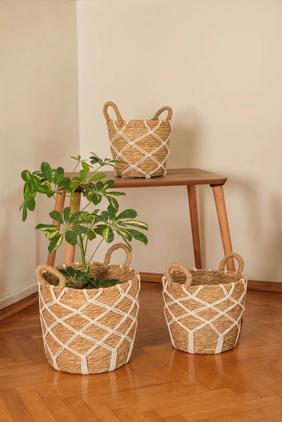 Karia - 3 lü Dekoratif Doğal El Örmesi Kulplu Hasır Saksı Sepet Seti 31 cm / 27cm / 23 cm