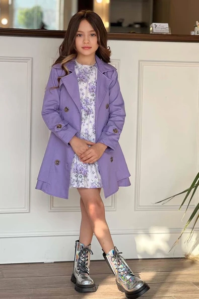 Kız Çocuk Çiçek Desenli Piliseli Lila Trençkotlu Elbise - Resim 2