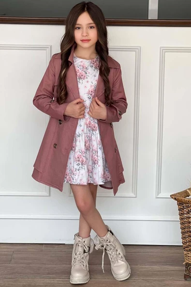 Kız Çocuk Çiçek Desenli Piliseli Gül Kurusu Trençkotlu Elbise - Resim 2