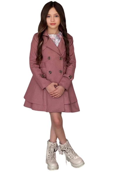 Kız Çocuk Çiçek Desenli Piliseli Gül Kurusu Trençkotlu Elbise - Resim 5