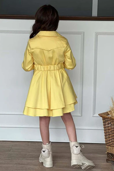 Kız Çocuk Çiçek Desenli Piliseli Limon Sarısı Trençkotlu Elbise - Resim 4