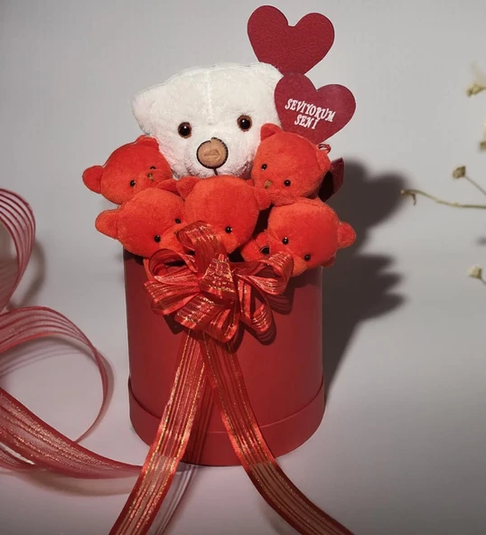 Premium Özel Hediye Kutuda  Beyaz Ayıcık ve  Kırmızı Peluş Ayıcık Buketi, Sevgiliye, Doğum Gününe Hediye - 5