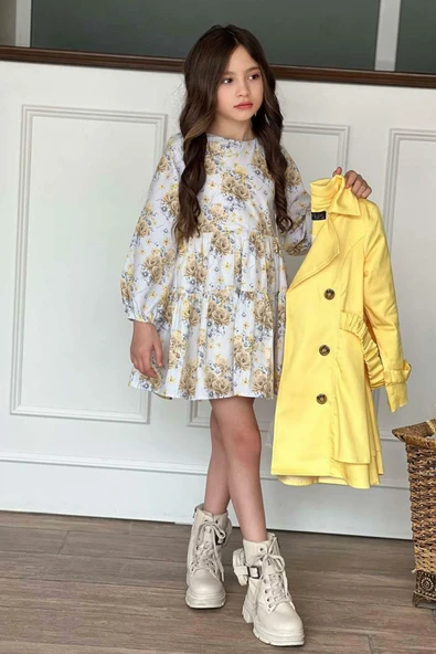 Kız Çocuk Çiçek Desenli Piliseli Limon Sarısı Trençkotlu Elbise - Resim 9