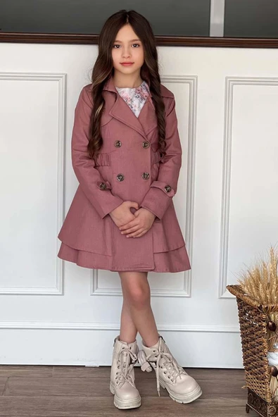 Kız Çocuk Çiçek Desenli Piliseli Gül Kurusu Trençkotlu Elbise ürün görseli