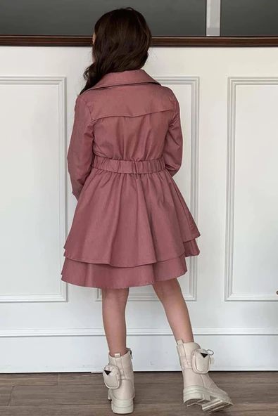 Kız Çocuk Çiçek Desenli Piliseli Gül Kurusu Trençkotlu Elbise - Resim 4