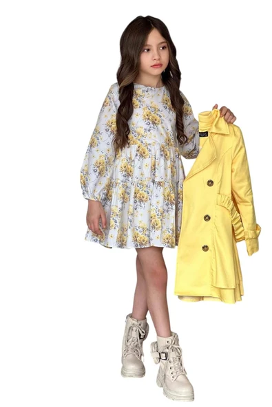 Kız Çocuk Çiçek Desenli Piliseli Limon Sarısı Trençkotlu Elbise - Resim 6