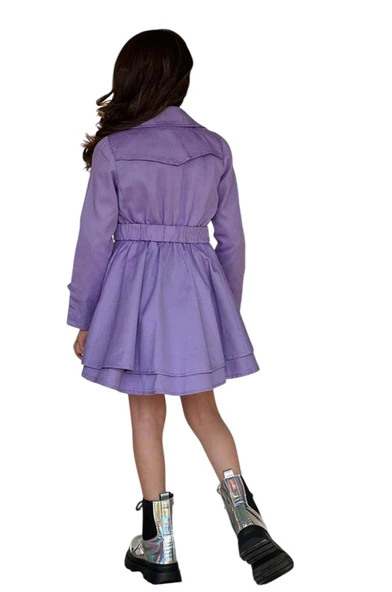 Kız Çocuk Çiçek Desenli Piliseli Lila Trençkotlu Elbise - Resim 7